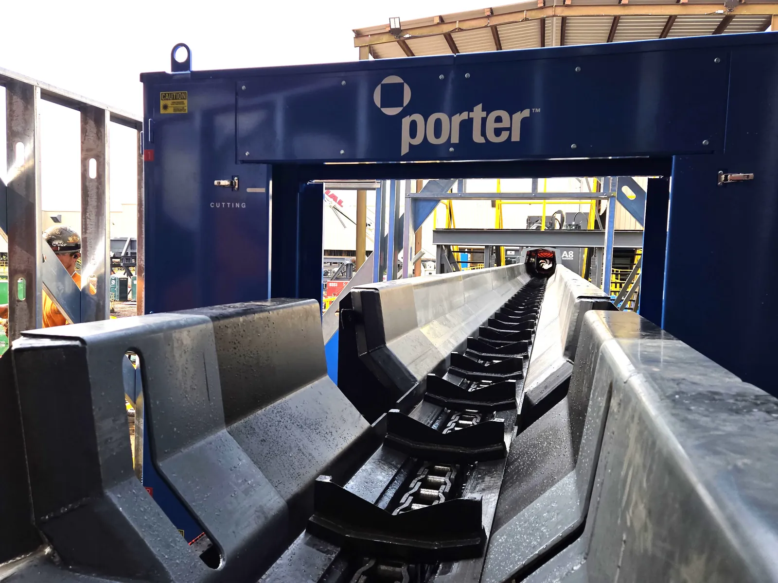 Scanning conveyor carrying logs through the scanner